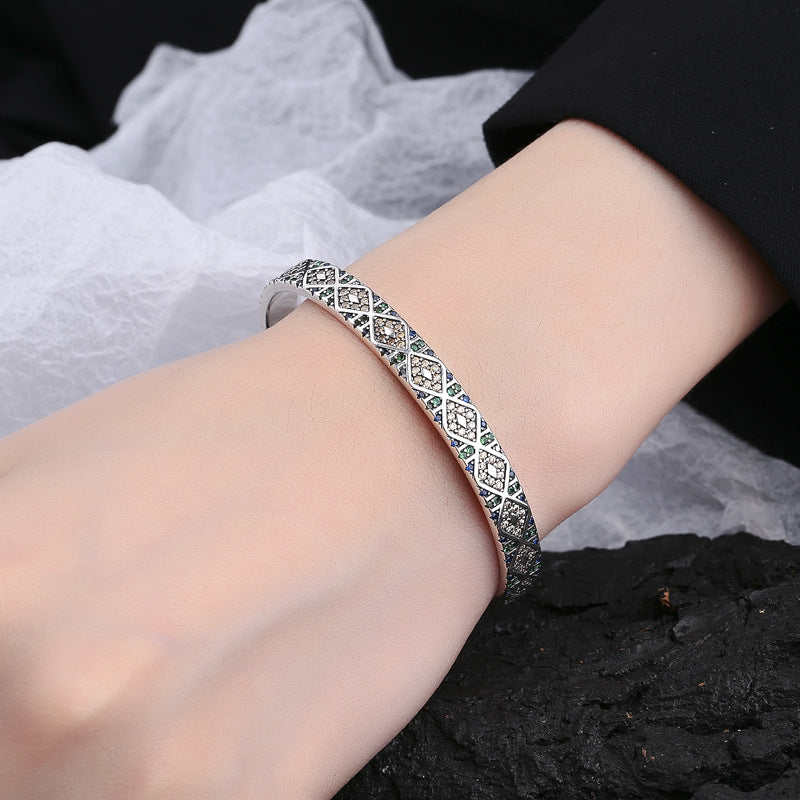 S925 Sterling Silver Geometric Colorful Tribal Elements Diamond Exotic Style Retro Heavy Industry Bracelet