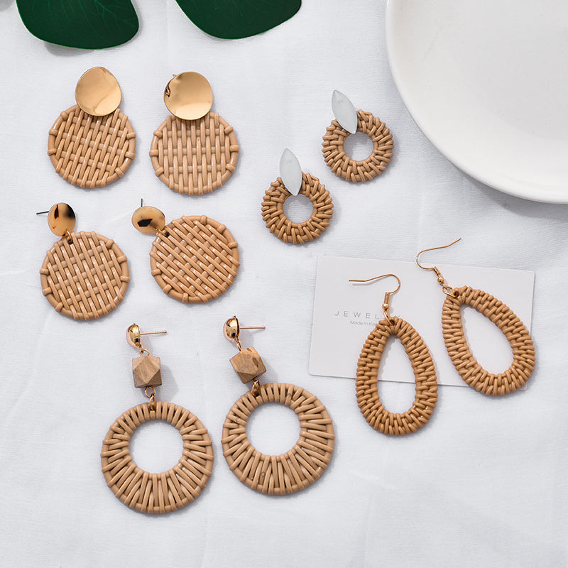 Korean Vintage Rattan Hoop Earrings – Stylish Teardrop Design with Acetic Acid Material for Women