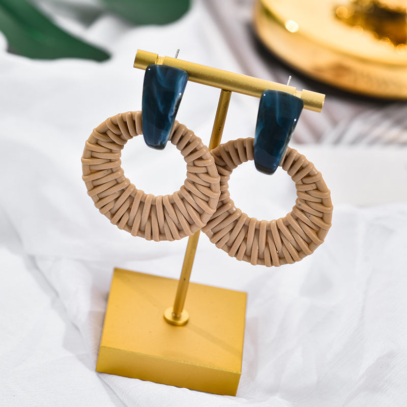 Korean Vintage Rattan Hoop Earrings – Stylish Teardrop Design with Acetic Acid Material for Women