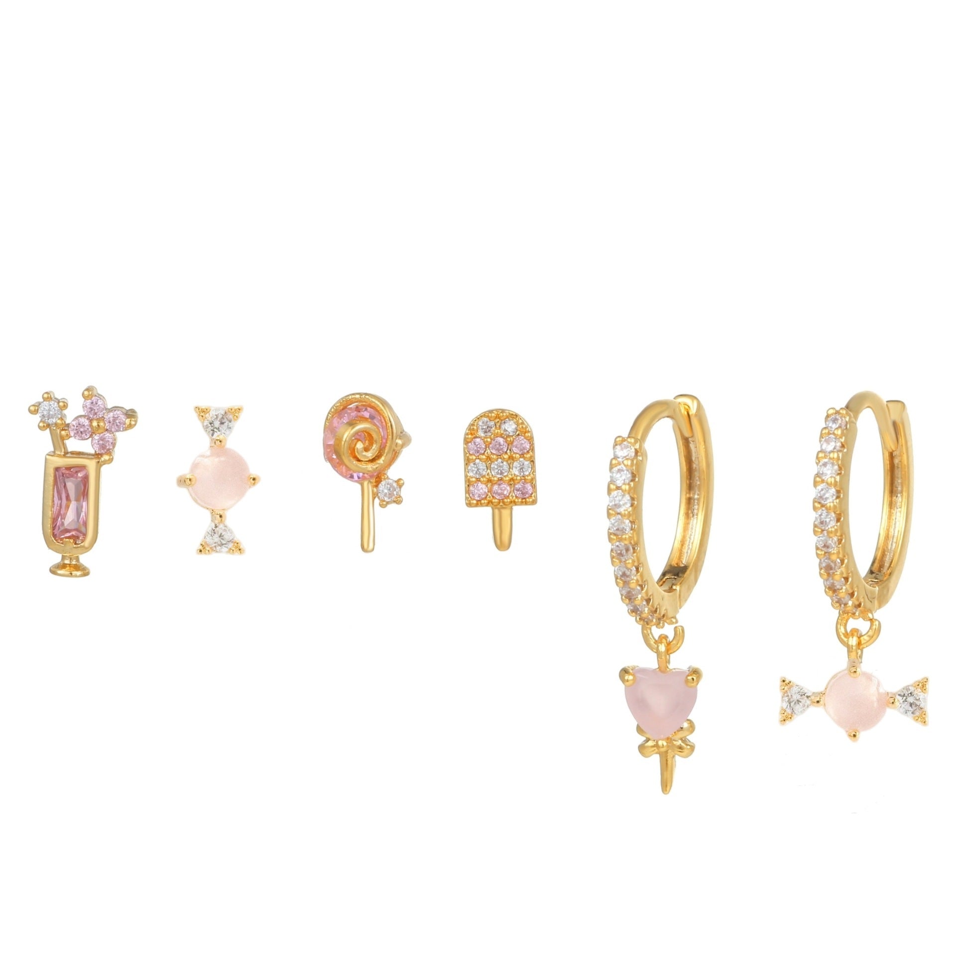 Summer Ice Cream Drink Earrings Set – 5-Piece Zircon Studs in 18K Brass for Women