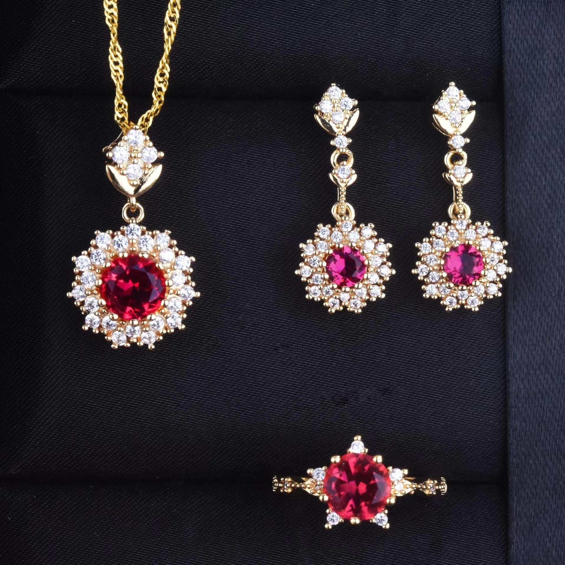 Women’s Pomegranate Red Rings Pendants Earrings Set – Gold and Silver Flower Designs for Elegant Women