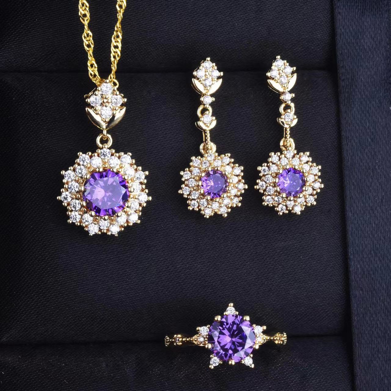 Women’s Pomegranate Red Rings Pendants Earrings Set – Gold and Silver Flower Designs for Elegant Women