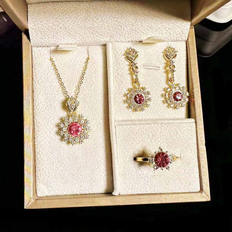 Women’s Pomegranate Red Rings Pendants Earrings Set – Gold and Silver Flower Designs for Elegant Women