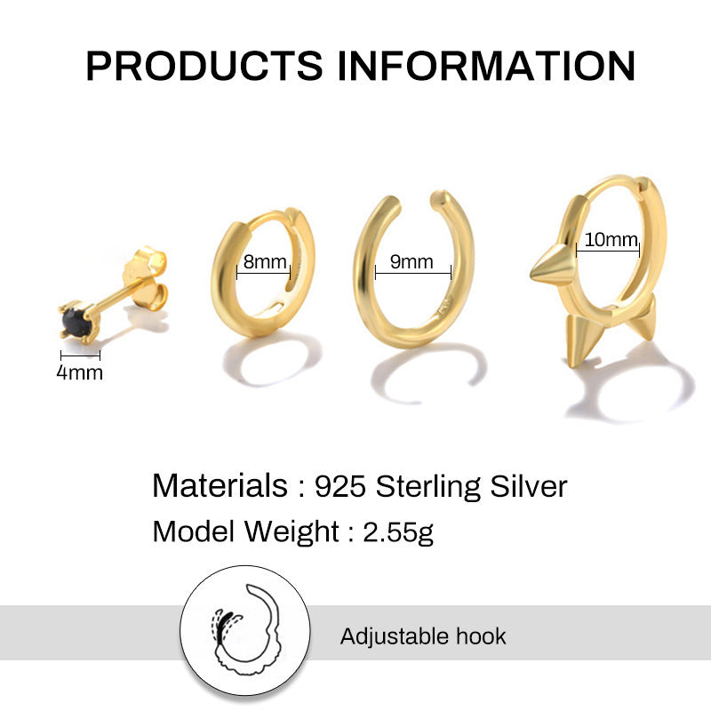 S925 Sterling Silver Punk Earrings Set – Geometric Design with Yellow Gold Finish and Gemstone Inlay for Women