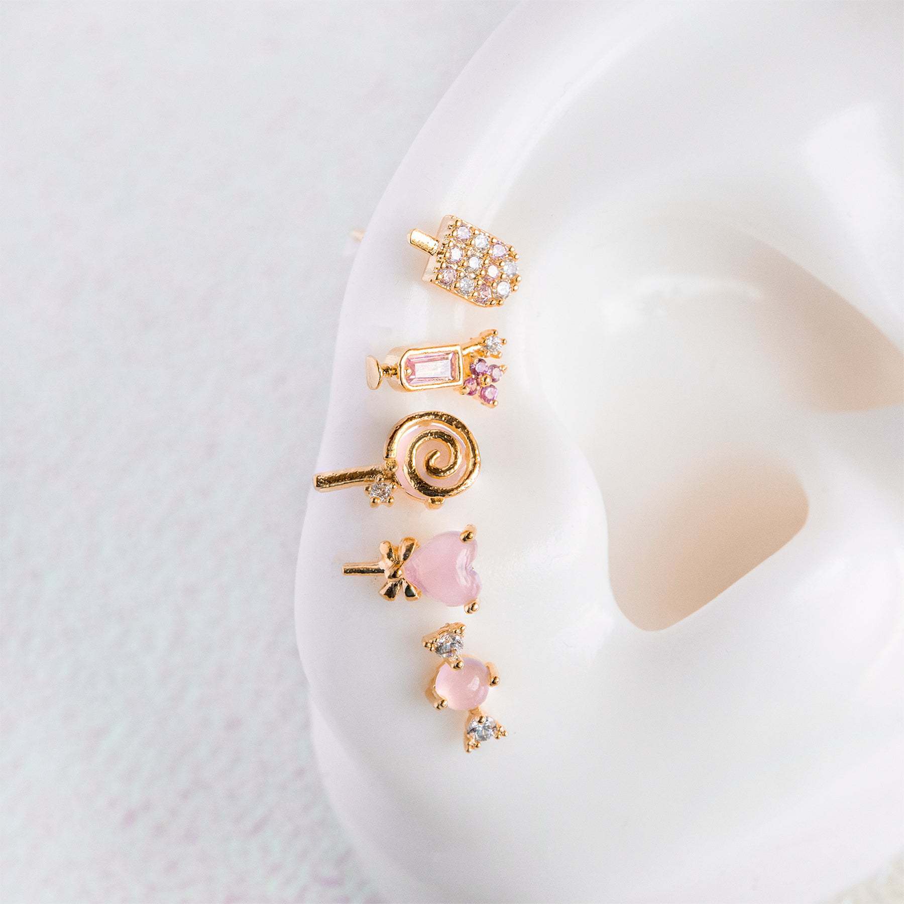 Summer Ice Cream Drink Earrings Set – 5-Piece Zircon Studs in 18K Brass for Women