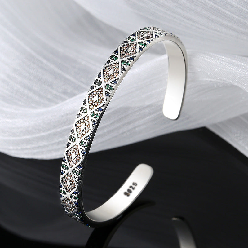 S925 Sterling Silver Geometric Colorful Tribal Elements Diamond Exotic Style Retro Heavy Industry Bracelet