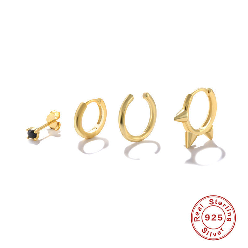 S925 Sterling Silver Punk Earrings Set – Geometric Design with Yellow Gold Finish and Gemstone Inlay for Women